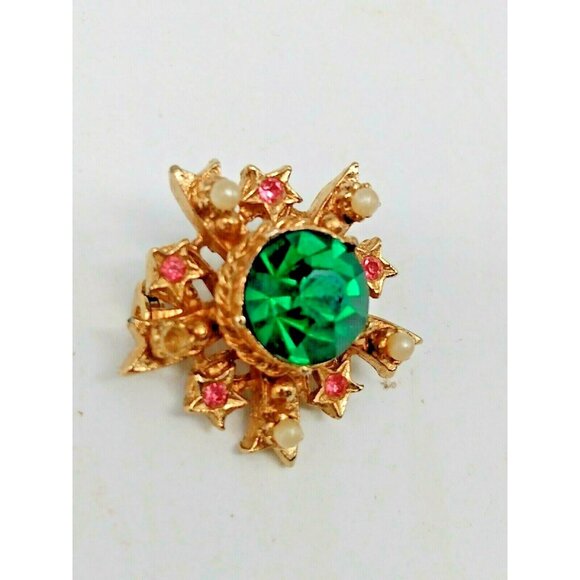 Vintage Coro Star Brooch Green & Pink Rhinestone Pearl seed bead 1 1/4" - Picture 8 of 9